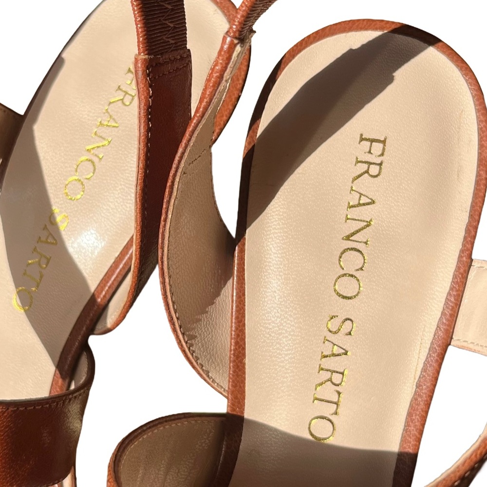 Franco Sarto Leather Block Heel Sandals 7 Cognac Brown - Picture 5 of 8